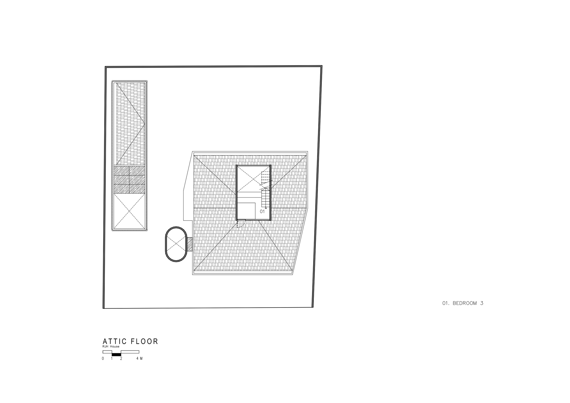 Attic floor plan showing single bedroom volume and rooftop access stair
