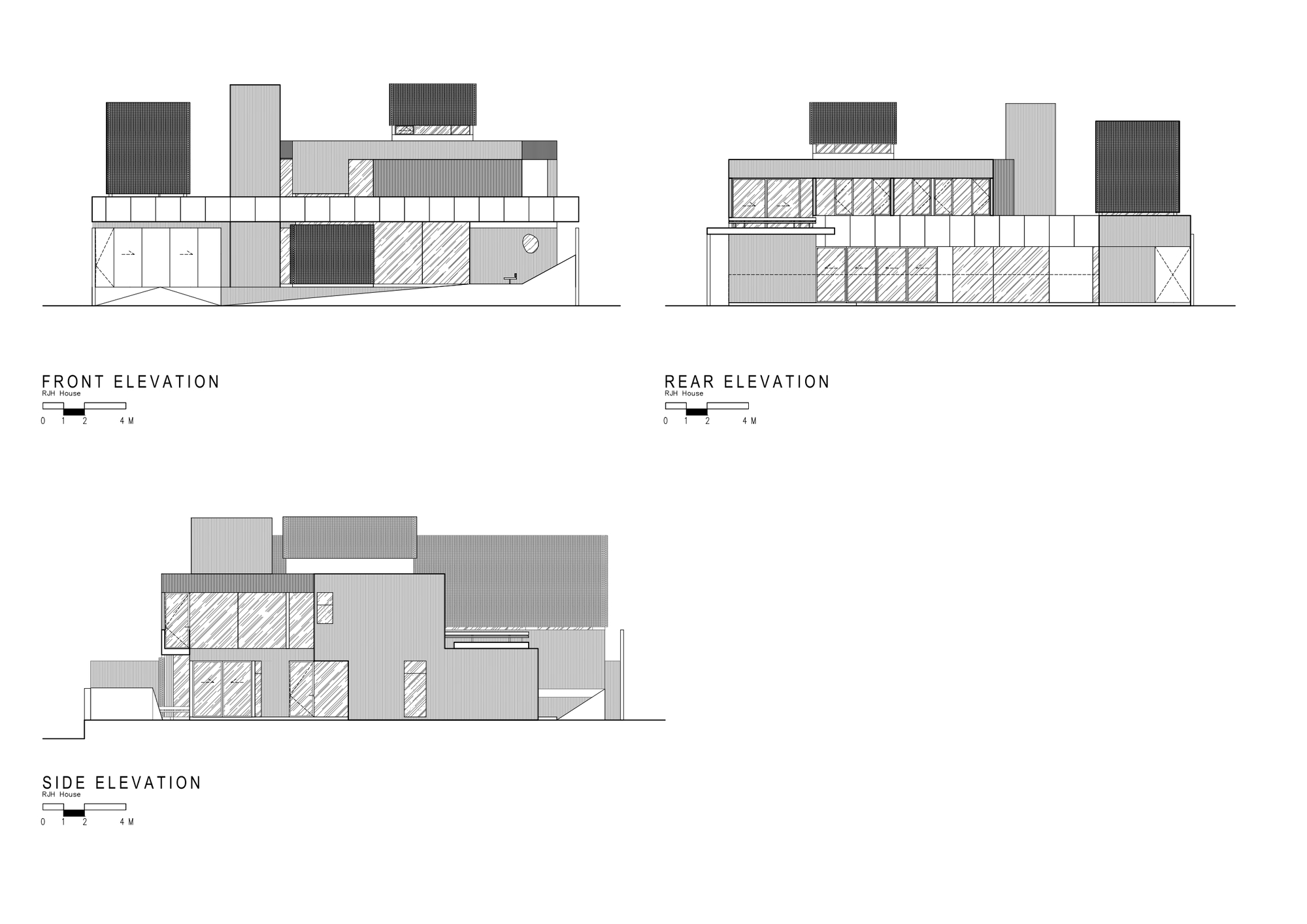 Elevation drawings showing front, rear, and side views of a horizontal multi-volume composition with vertical towers