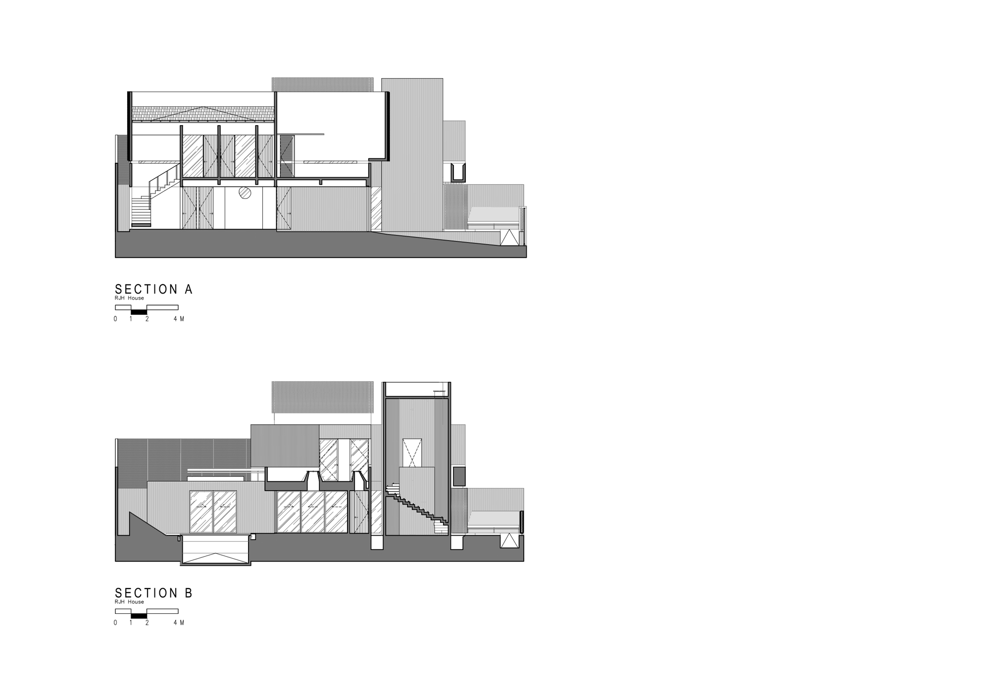 Section drawings revealing interior spaces, a staircase, double-height volumes, and varied roof profiles