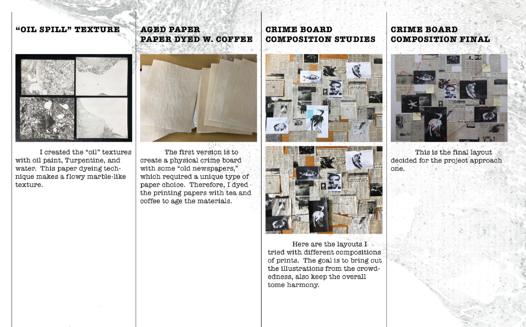 Material and composition studies explore oil textures, aged paper, and crime-board layouts for the final graphic narrative.