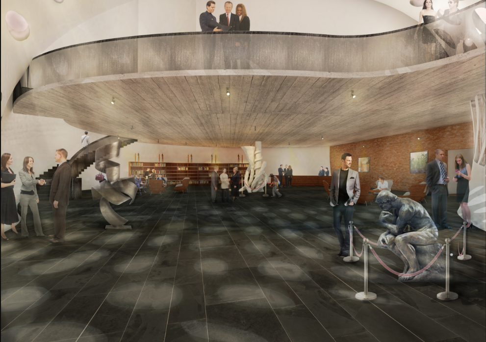 Fluid lobby interior shaped by art, public gathering, and layered civic movement.
