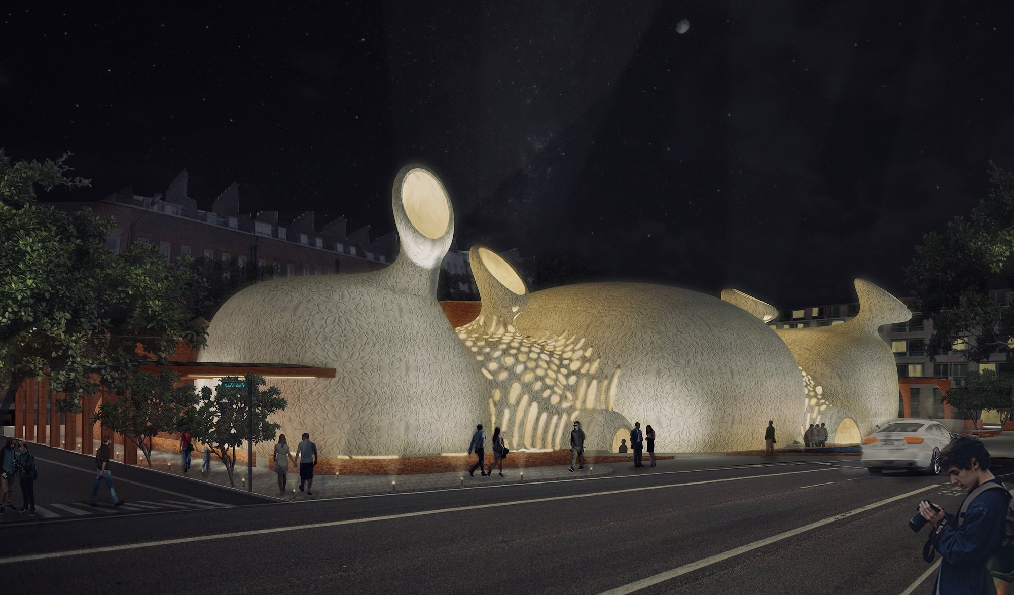 Night view of #LondonCall as a glowing organic landmark in central London.