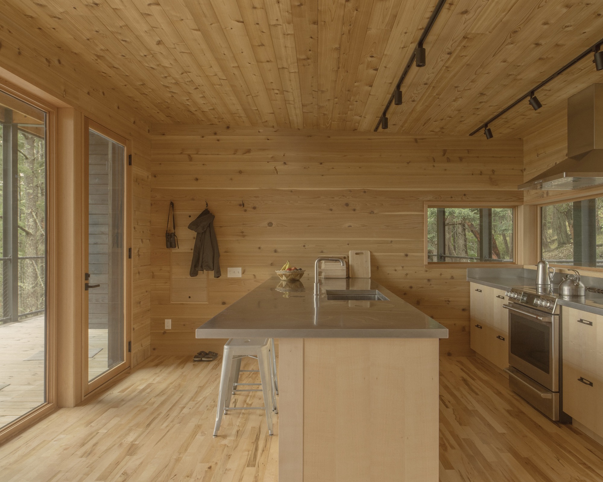 Kitchen island with concrete countertop in plywood-lined room with track lighting and forest views