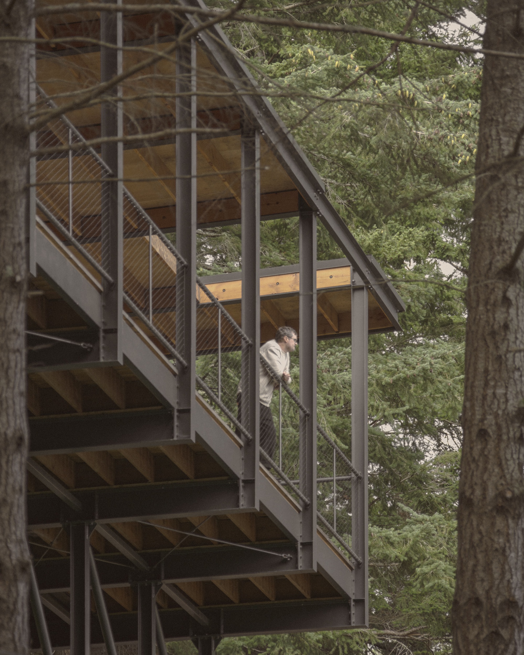Zigzagging exterior stair with cable mesh railings and exposed timber beams beneath the roof overhang