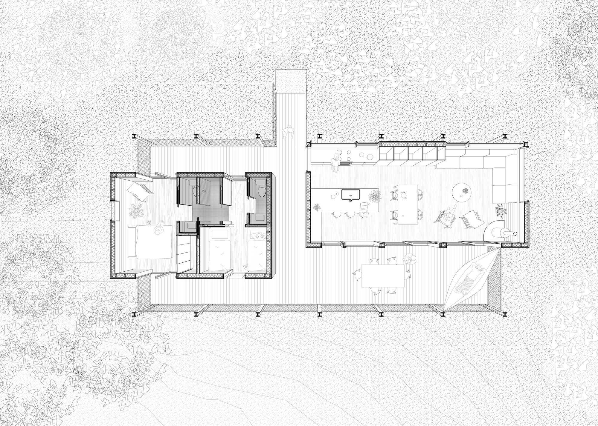 Floor plan drawing showing bedroom wing and open living-dining space with wrap-around deck