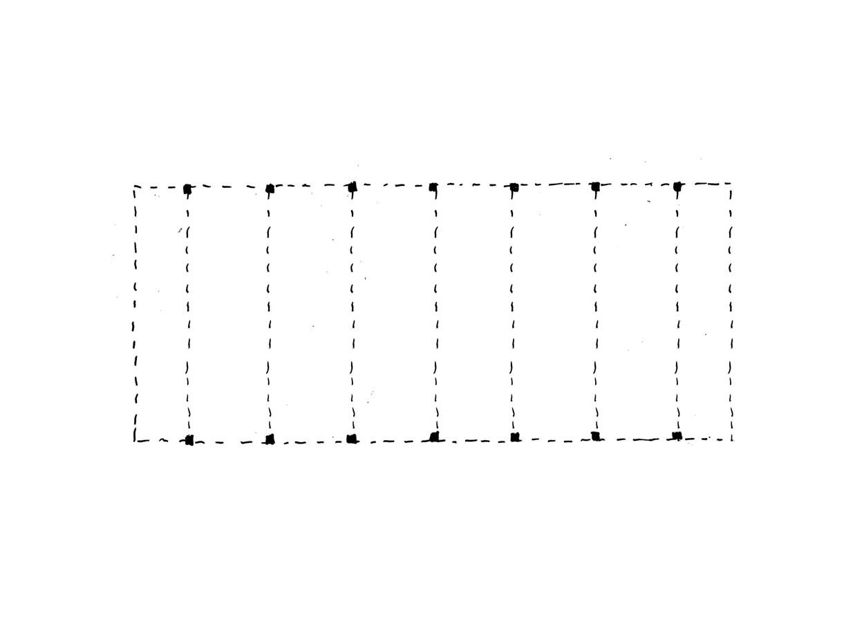 Structural framing diagram showing timber column grid with dashed outline of perimeter walls