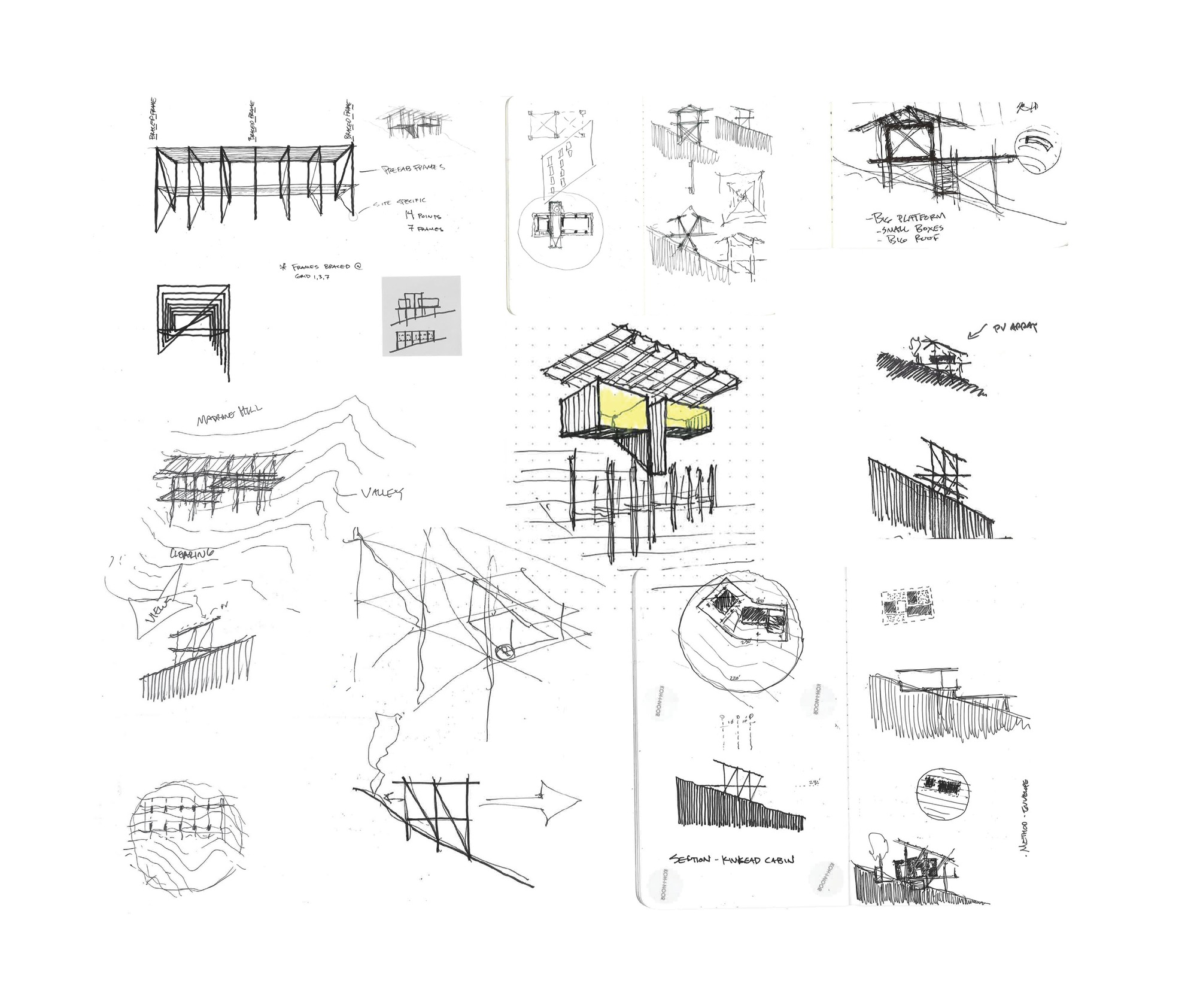 Collection of concept sketches exploring structural systems, elevations, and site relationships for the elevated house