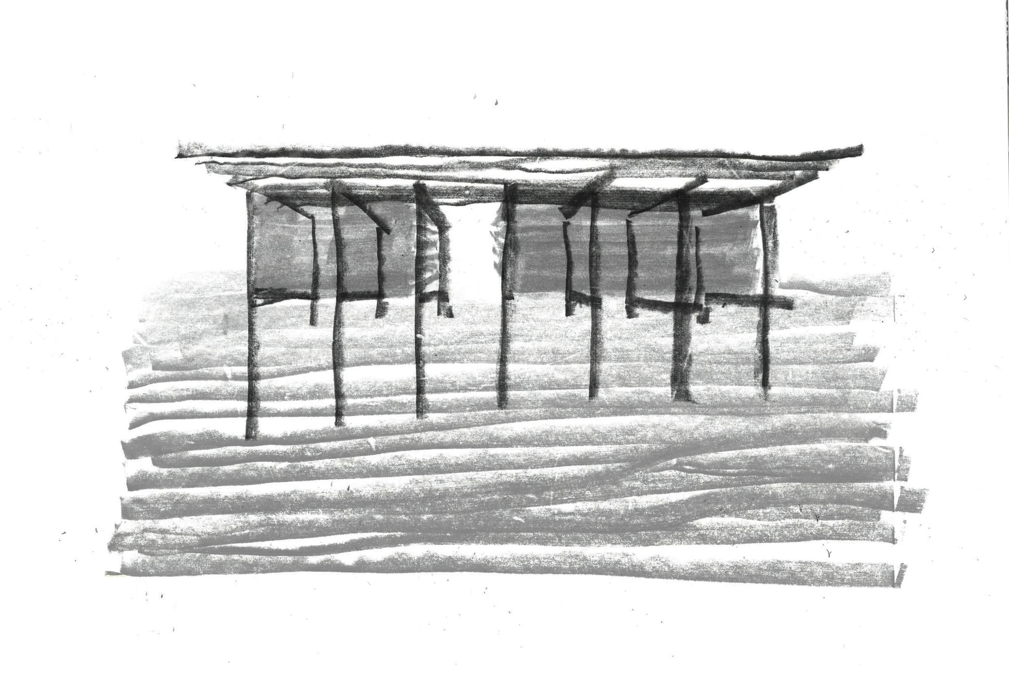 Sketch rendering of the stilted structure above horizontal log layers representing the ground