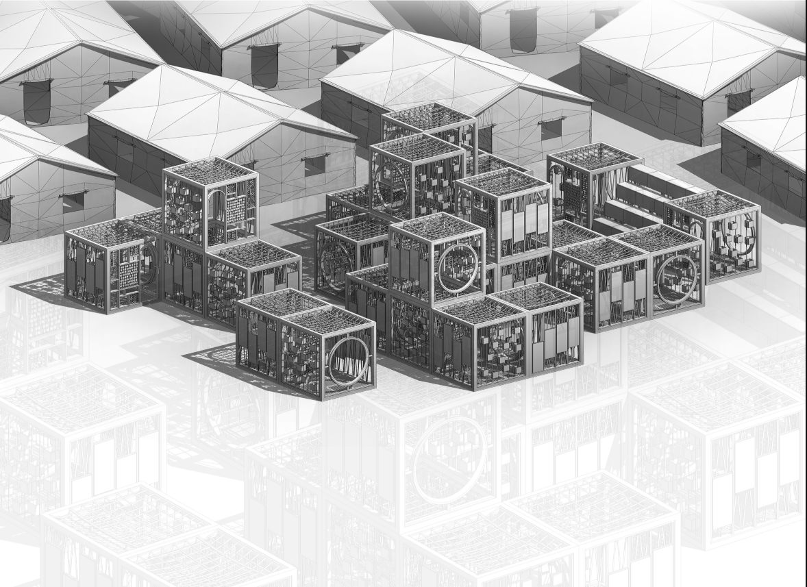 Repeated cube modules form a flexible playground system within the dense camp setting.