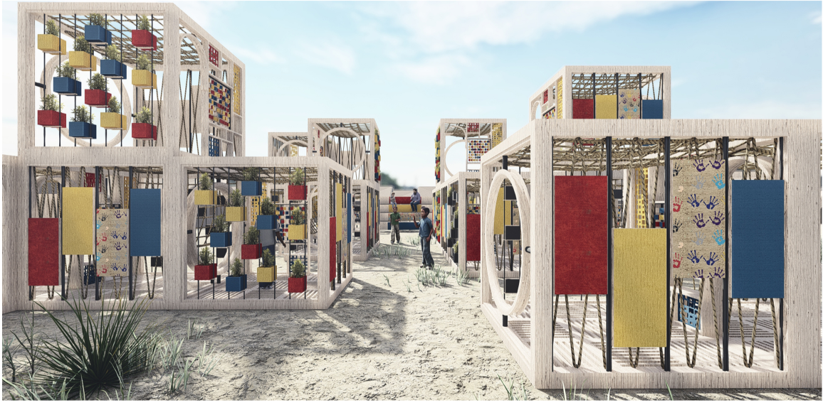 Colorful modular cubes create a hopeful play and learning corridor for children in Kutupalong Refugee Camp.