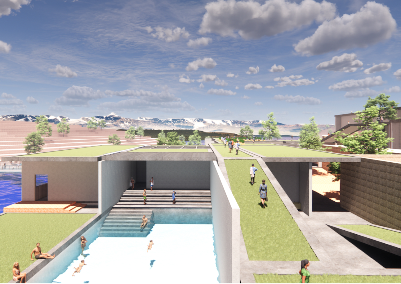 Therapeutic water zone combining pools, stepped seating, and landscaped circulation across multiple levels.