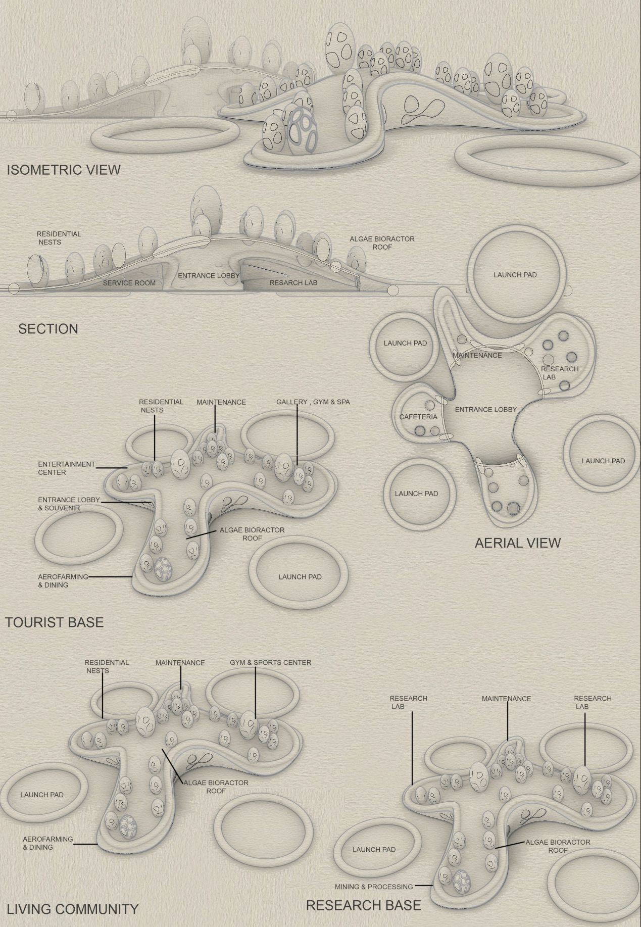 Modular lunar bases combine residential nests, research spaces, aerofarming, recreation, and algae bioreactor infrastructure.