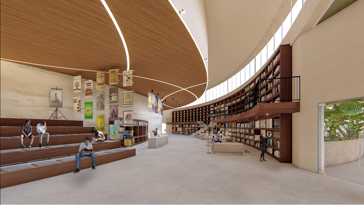 Interior library with curved timber ceiling, tiered seating, and clerestory windows flooding the space with daylight