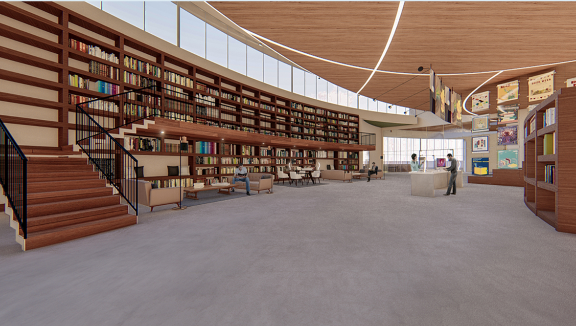 Two-story bookshelf wall with integrated staircase beneath a curved wood ceiling with linear lighting