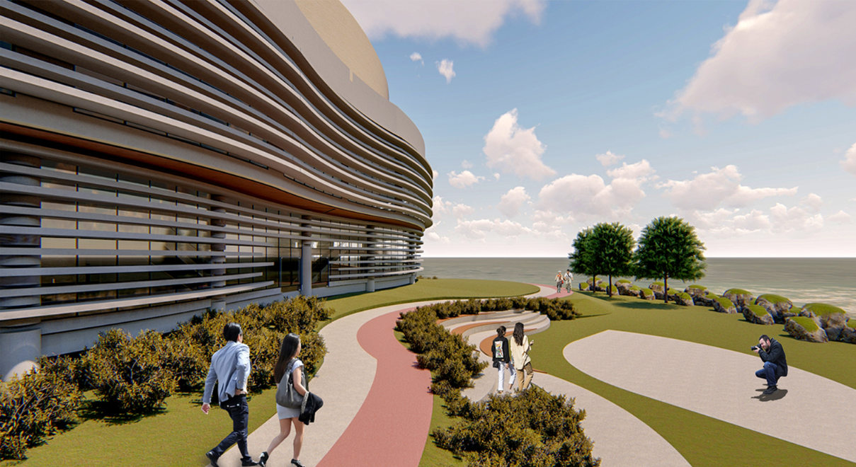 Curved facade with horizontal louvers beside a pink path winding through planted beds and lawn