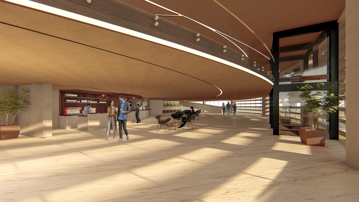 Atrium space with sweeping curved balcony overlooking seating area and horizontal louvered windows