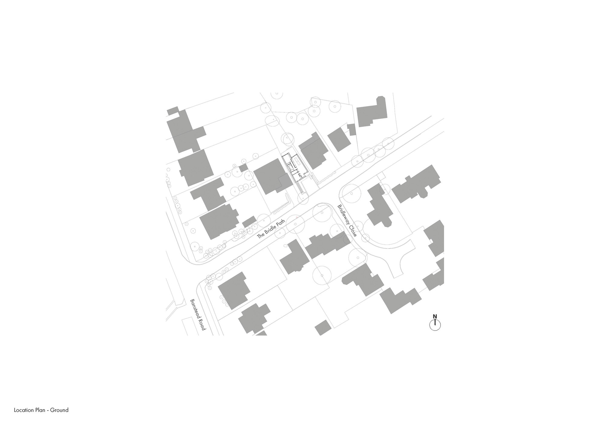Site plan drawing showing building footprints and street layout in a residential neighborhood