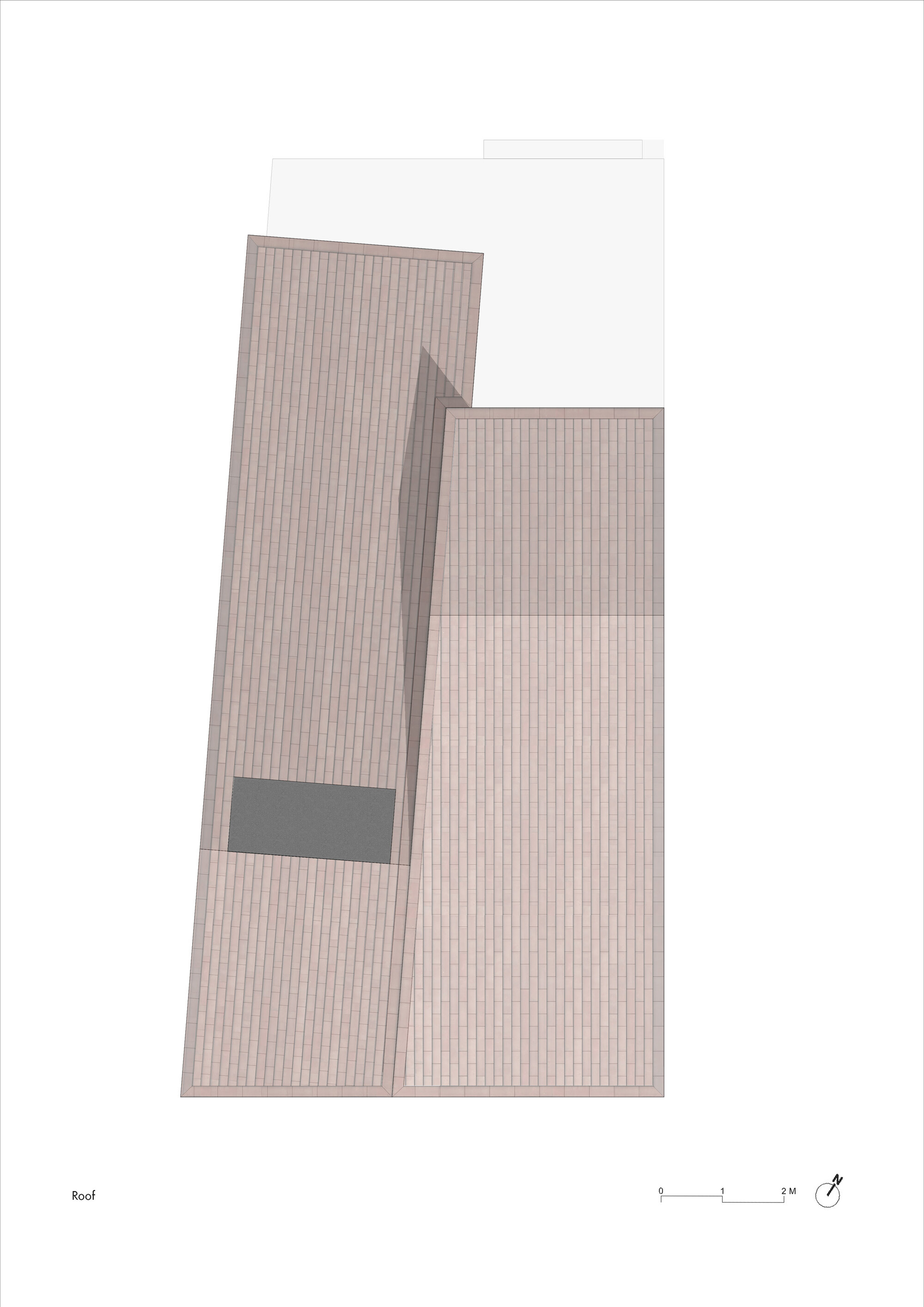 Roof plan drawing showing two interlocking pitched volumes with ribbed tile cladding and a skylight