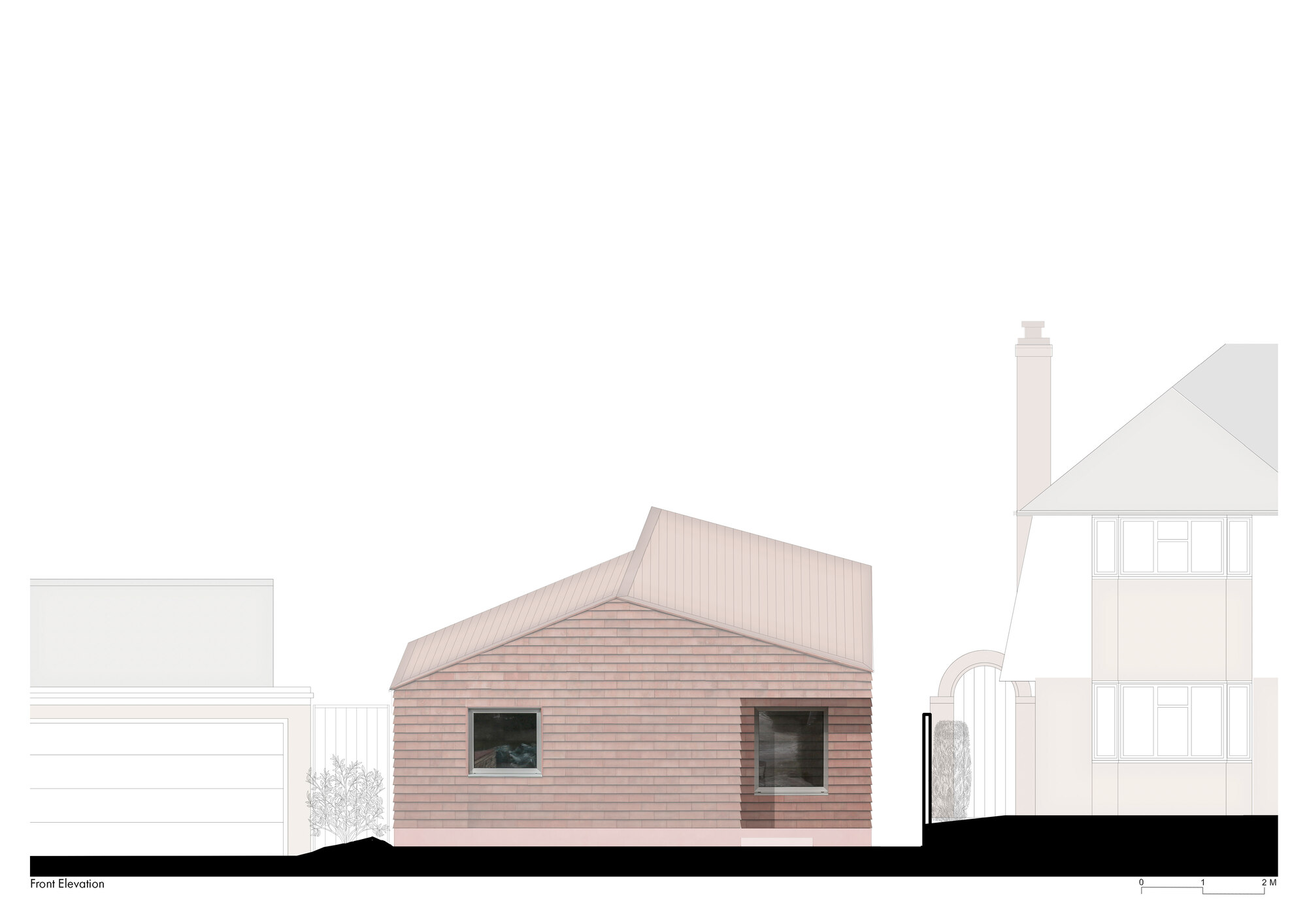 Front elevation drawing showing gabled volume clad in horizontal ribbed tiles with two square windows