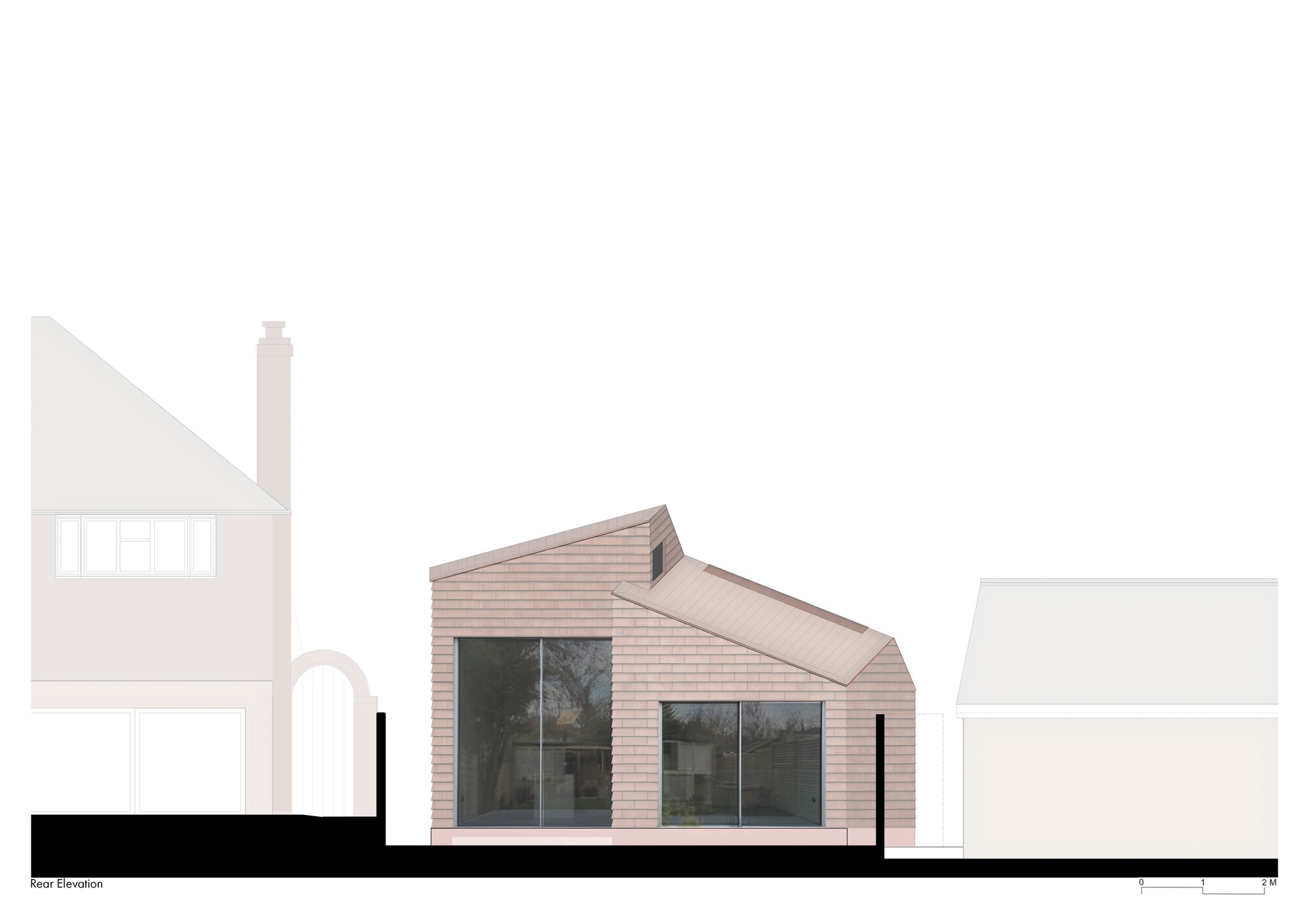 Rear elevation drawing showing asymmetrical pitched roof and large glazed openings facing the garden