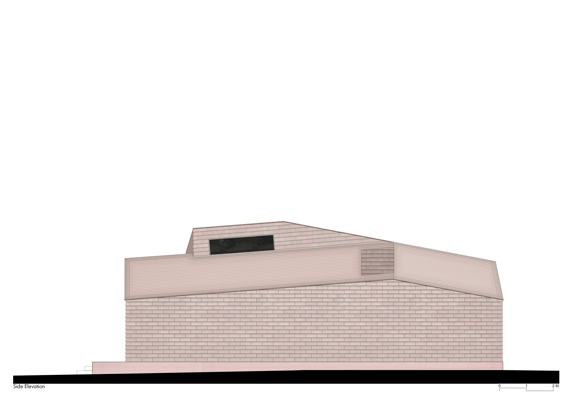 Elevation drawing showing a stepped brick volume with a recessed horizontal window on top