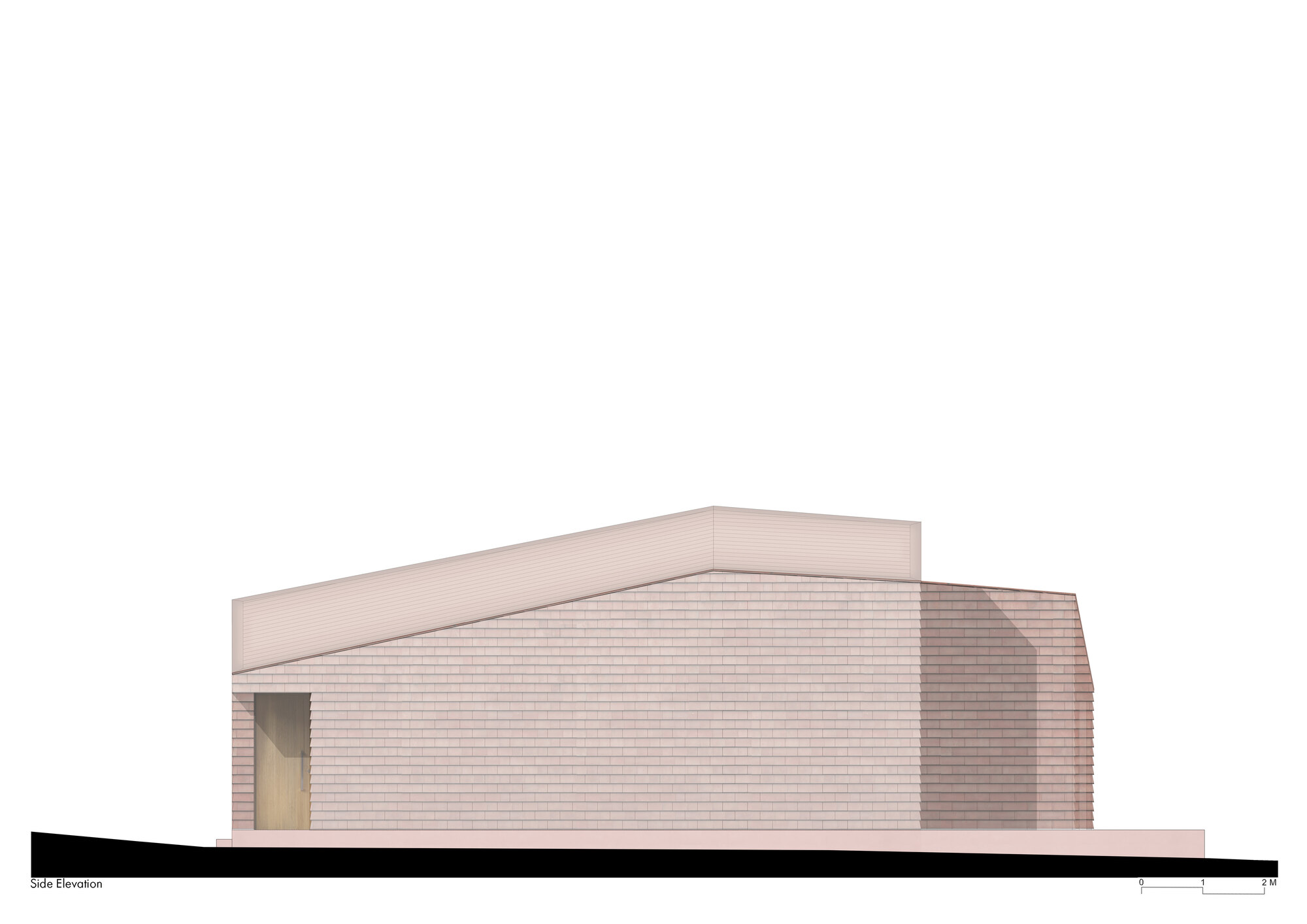 Elevation drawing depicting interlocking brick volumes with a single recessed entryway