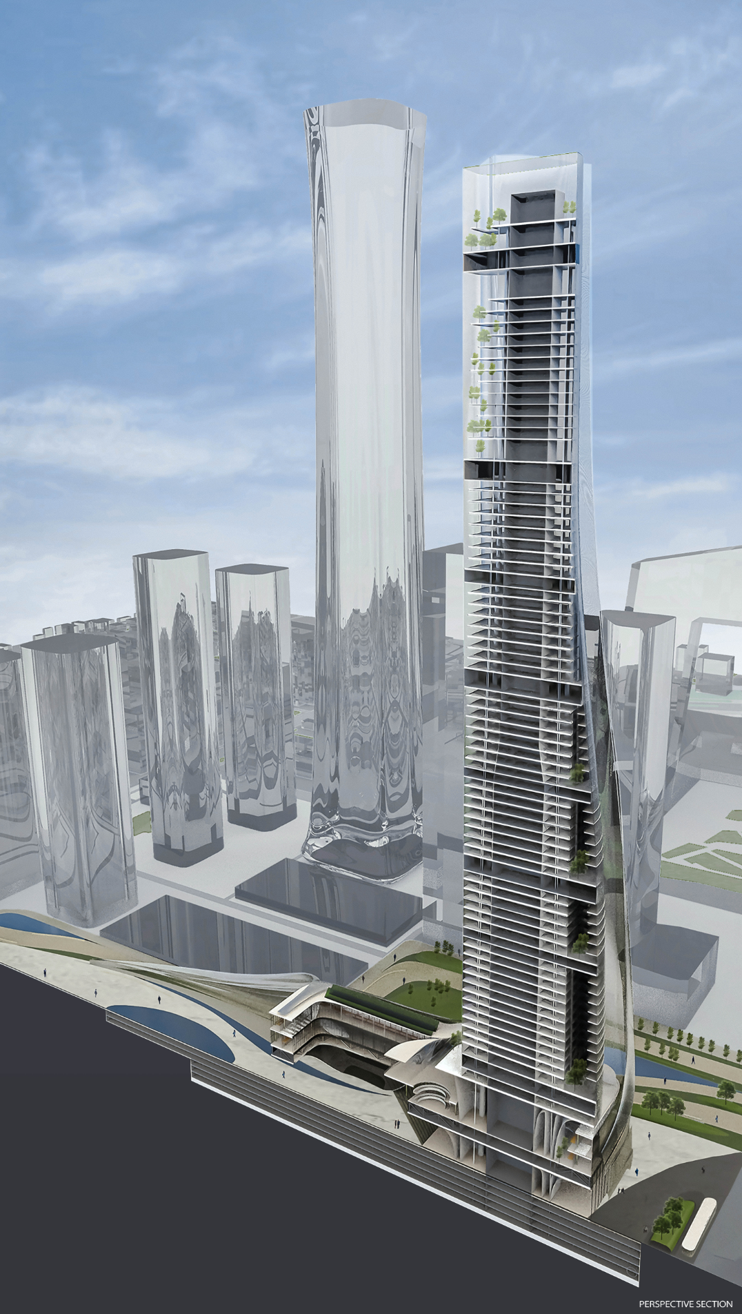 A perspective section reveals the tower's layered structure, green terraces, and innovative double-skin facade designed for sustainable performance.
