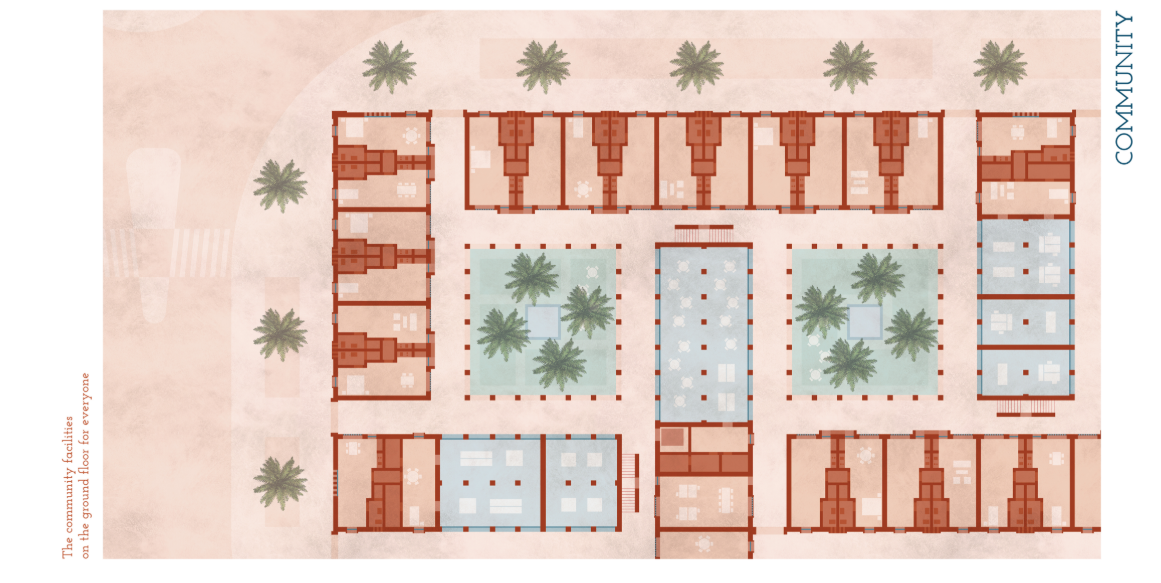 A courtyard-centered plan brings together communal facilities, greenery, circulation, and spaces for everyday social interaction.