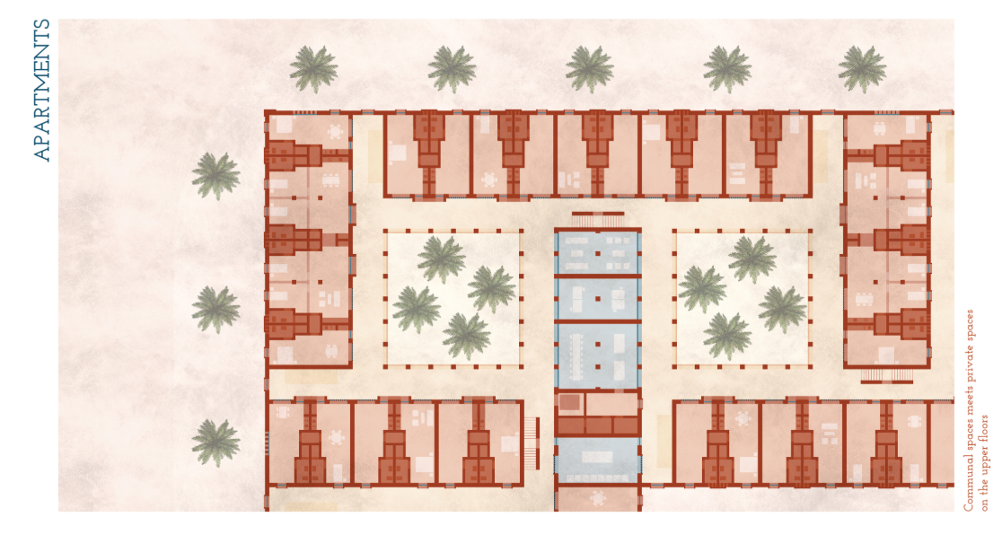 Private apartments surround planted courtyards, balancing personal space with easy access to communal areas.