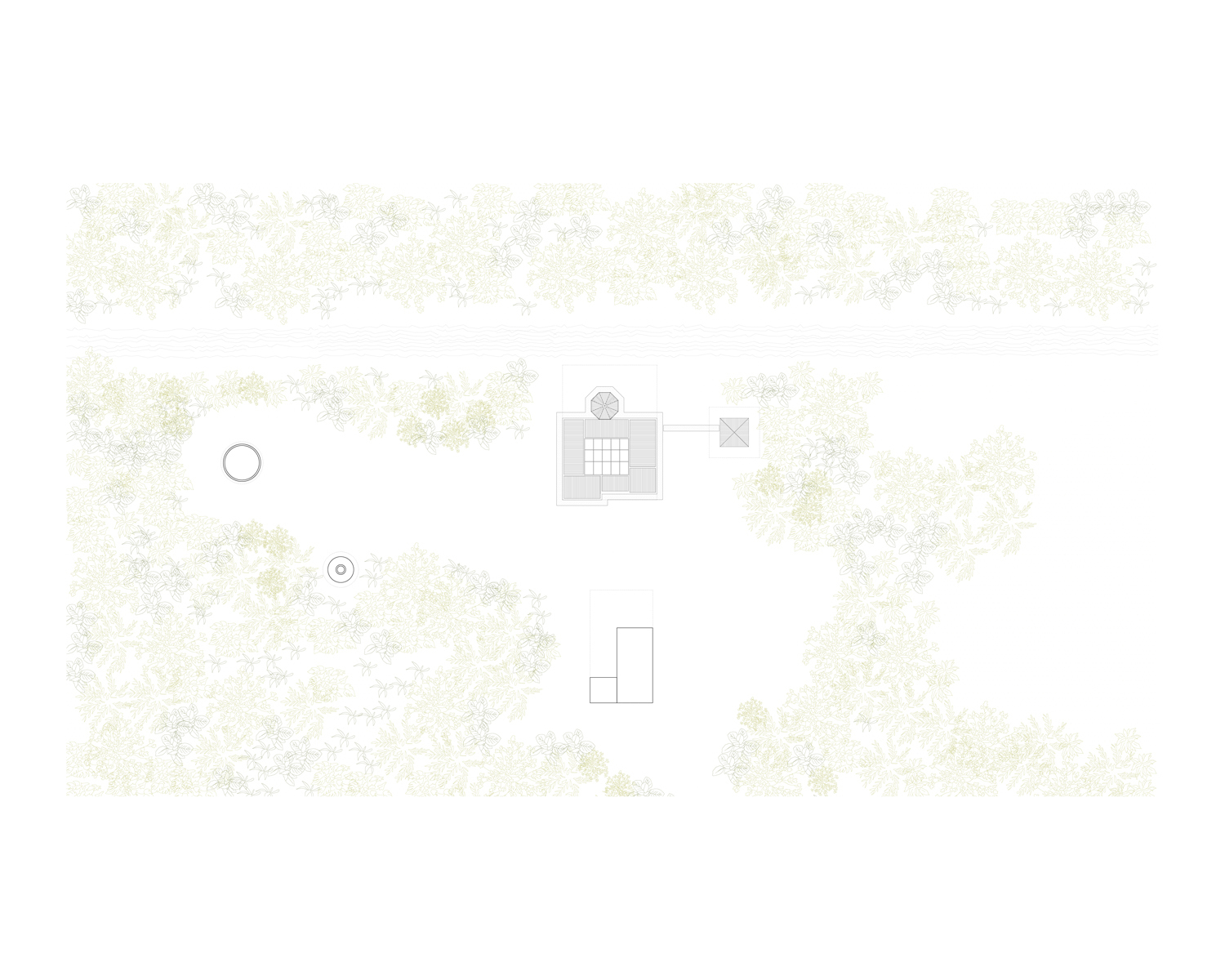 Site plan drawing showing the building footprint within a forested landscape with scattered trees