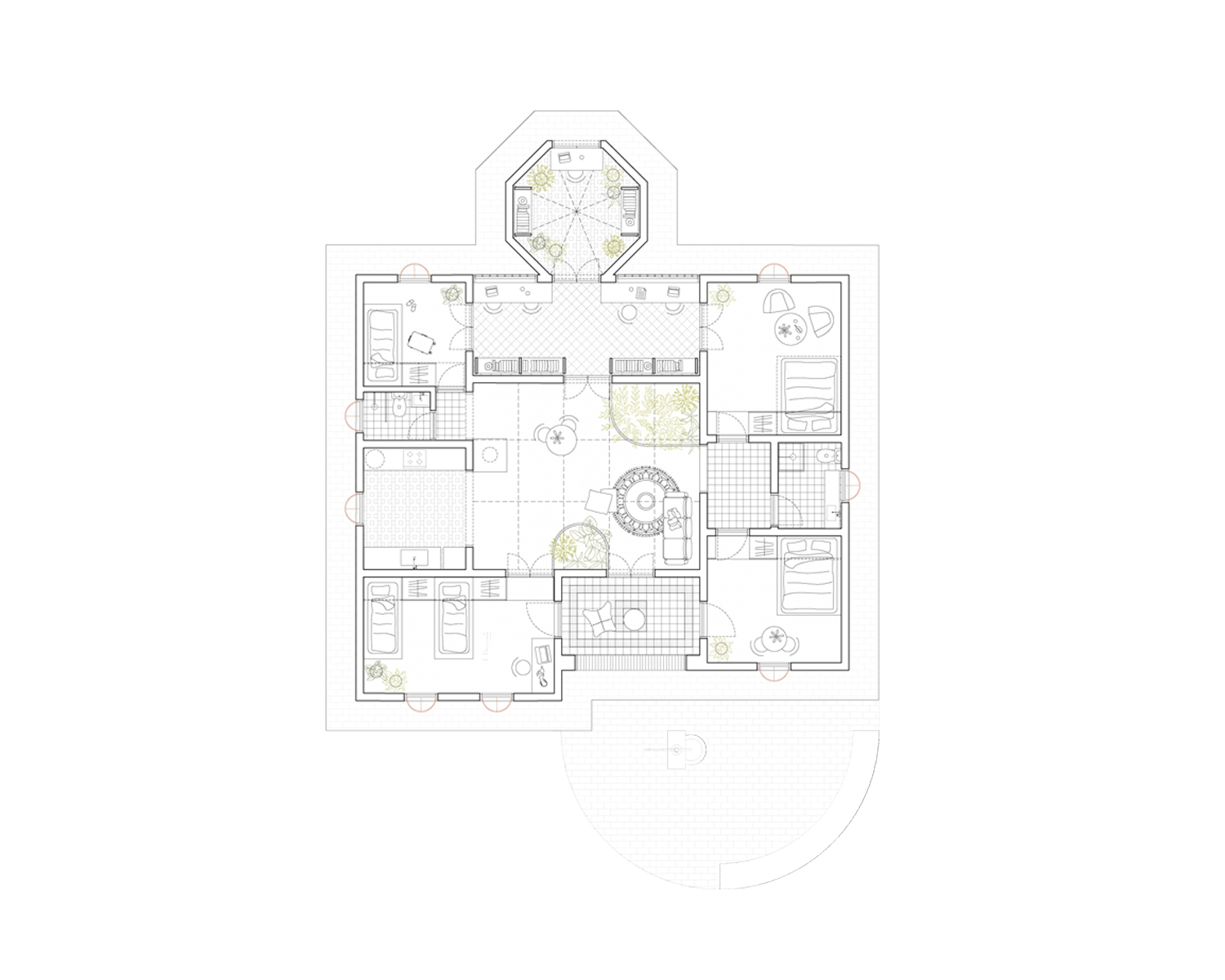 Floor plan drawing revealing an octagonal central space with surrounding rooms and arched openings
