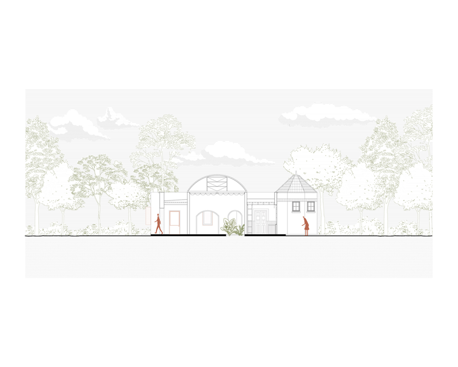 Elevation drawing of the compound with varied roof forms and two figures among rendered trees