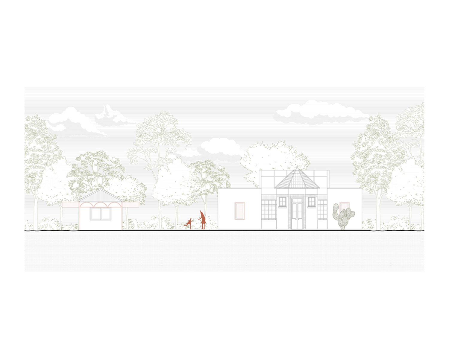 Elevation drawing showing a single-story residence with a turret and pitched roofs surrounded by trees