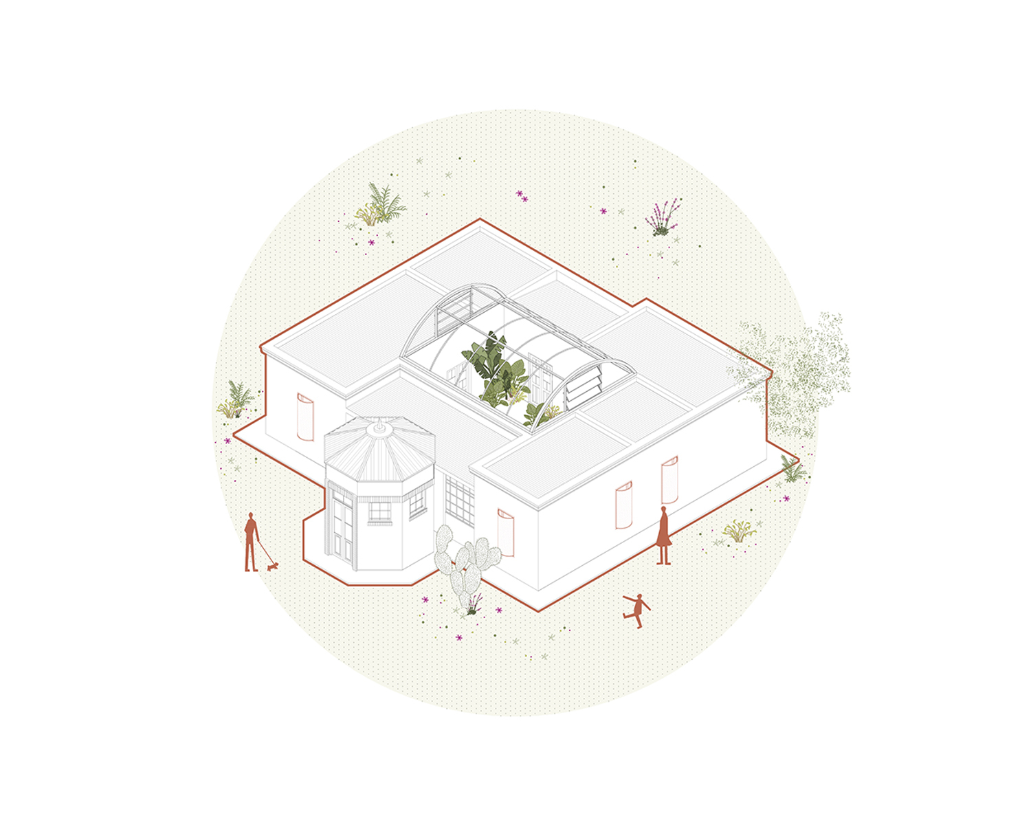 Axonometric drawing revealing a central courtyard with exposed roof trusses and surrounding planted landscape
