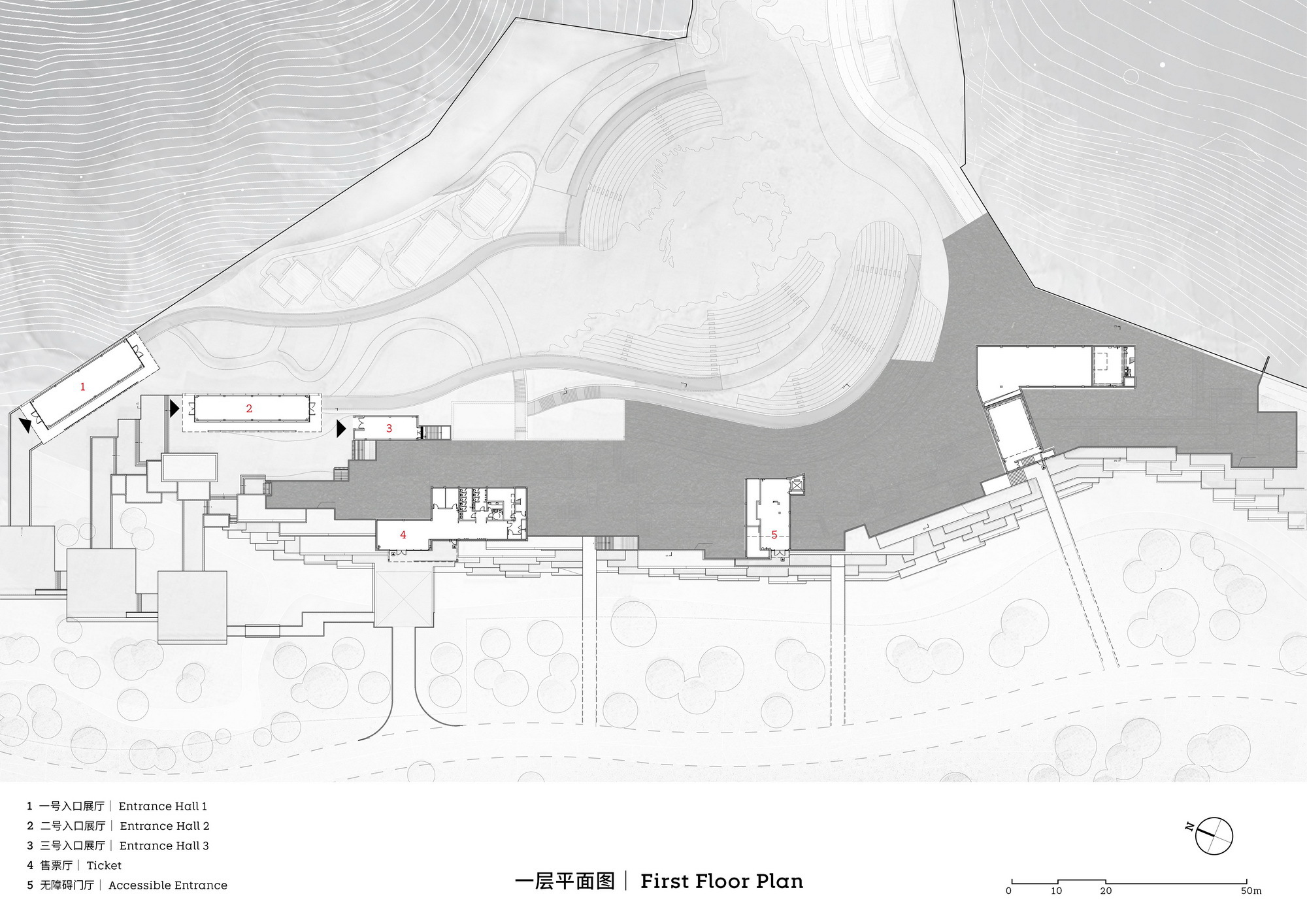 First floor plan drawing showing entrance halls and a curved landscape area with topographic contours