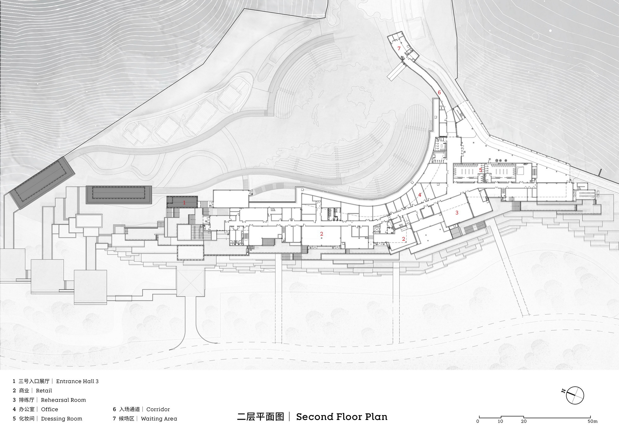 Second floor plan drawing showing retail spaces and a curving layout with topographic context