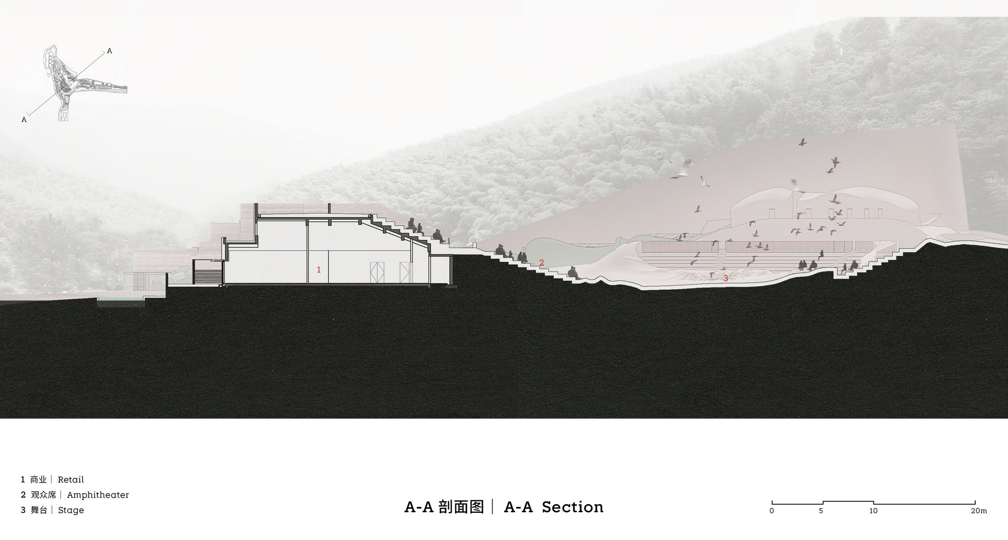 Section drawing showing interior volumes carved into a hillside with figures on a terraced landscape