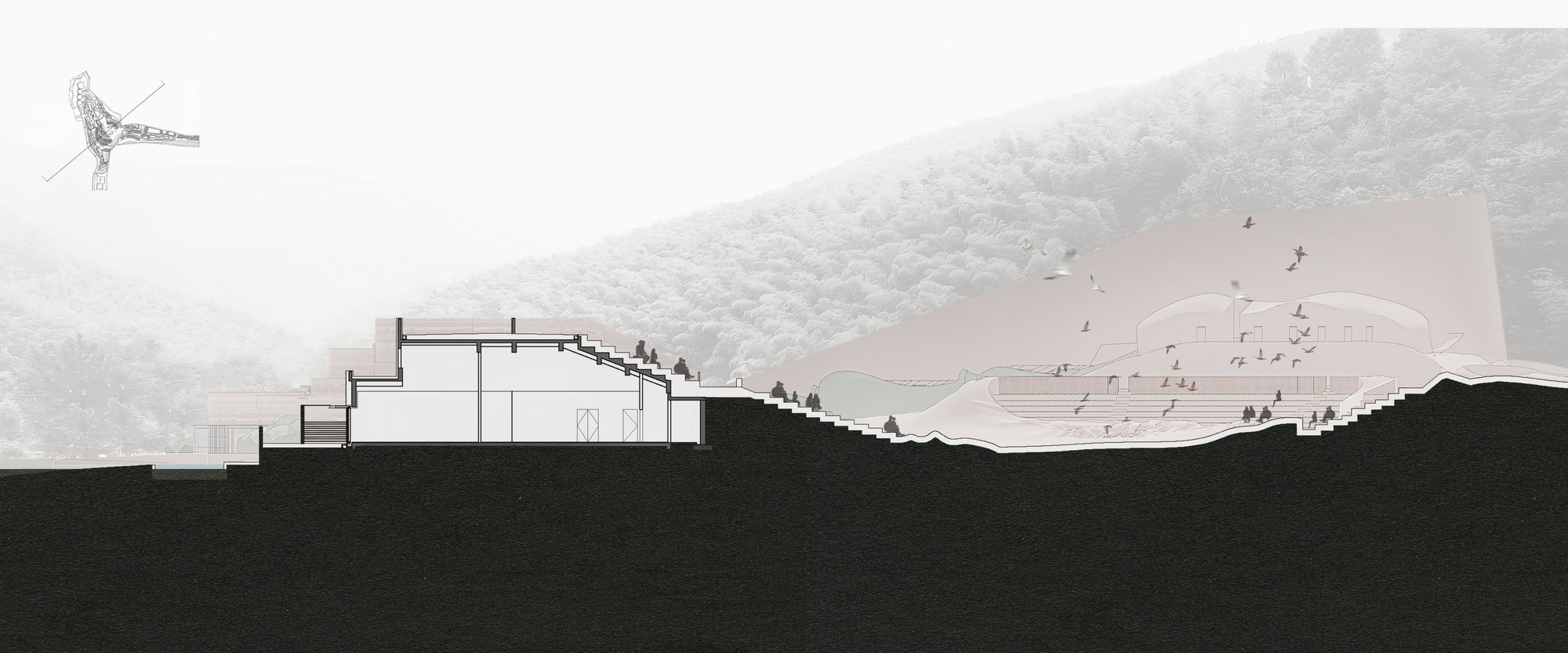 Section drawing depicting stepped interior spaces embedded into a forested slope with scattered figures above
