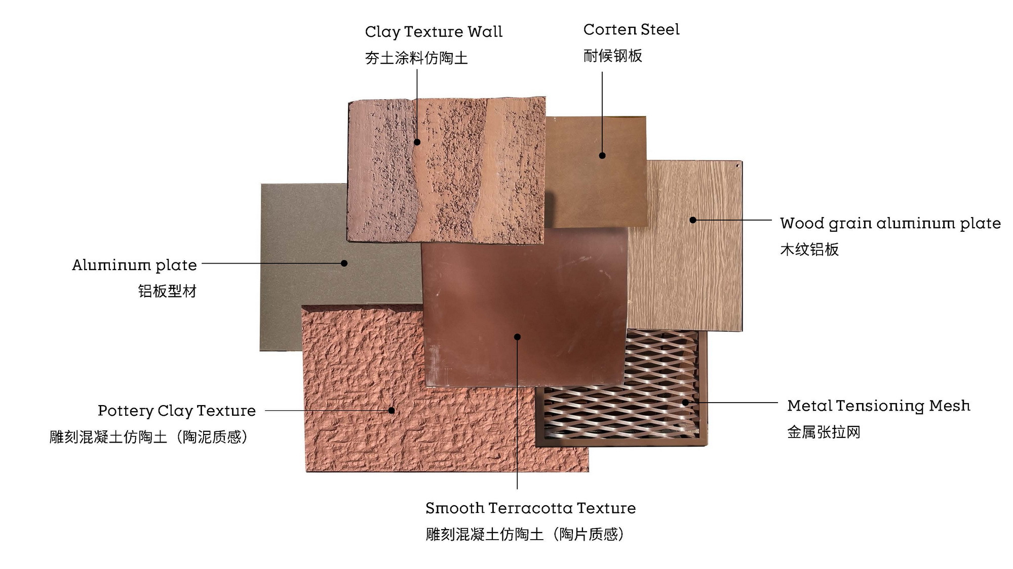 Material board displaying clay texture wall, corten steel, aluminum plate, terracotta textures, wood grain aluminum, and metal tensioning mesh