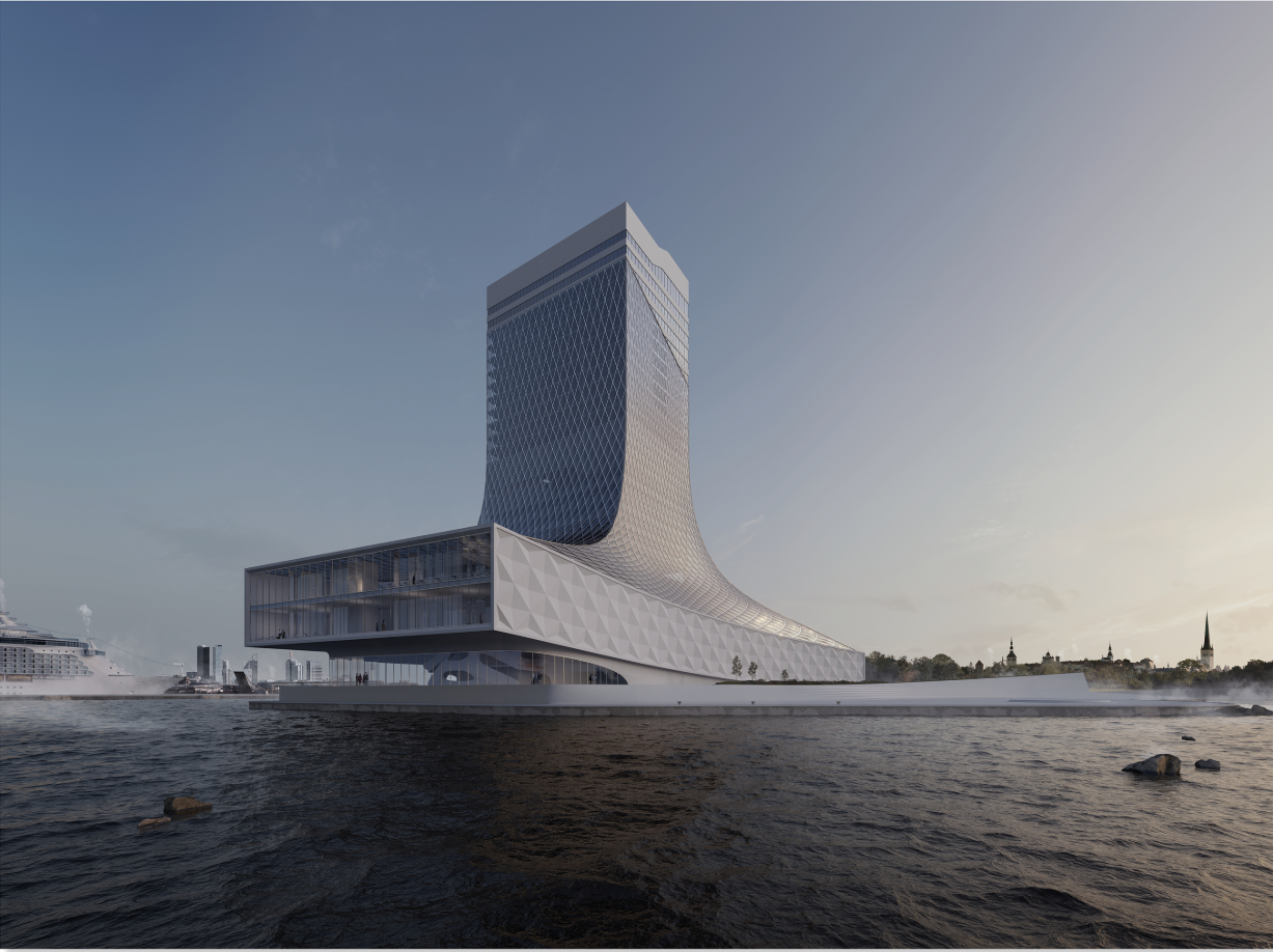 Waterfront view of the tower and podium with textured white cladding rising from the river at dusk