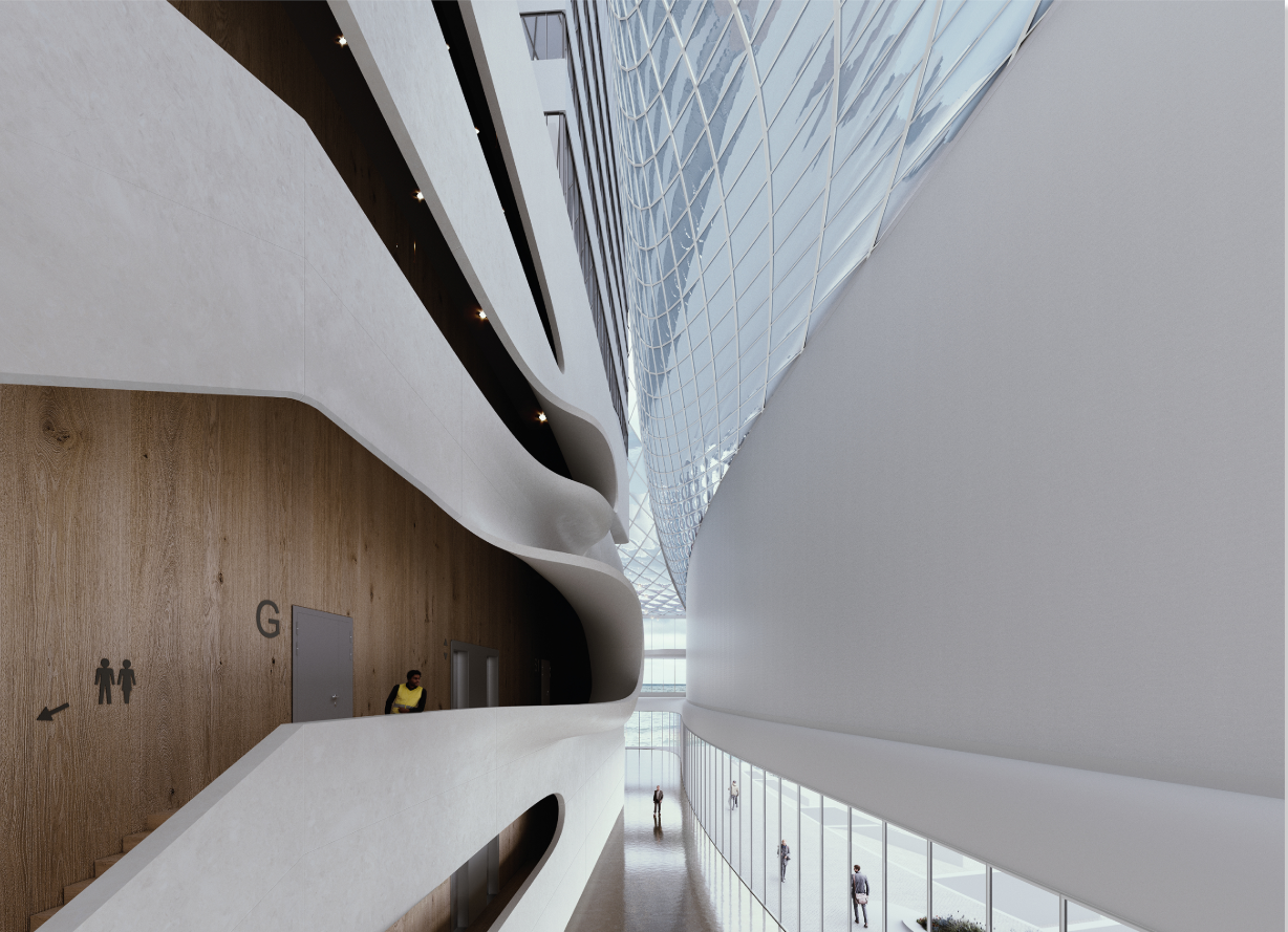 Interior atrium with curved white balconies and timber wall overlooking a glass-enclosed lower level with visitors