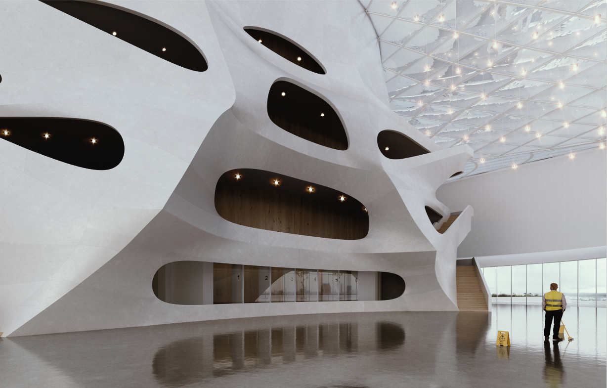 White sculptural wall with organic openings and integrated lighting beside a person mopping the polished floor