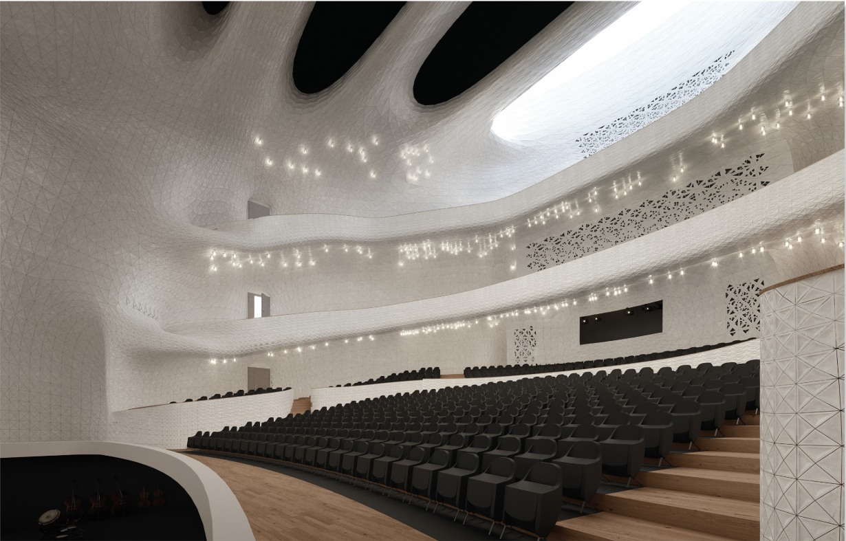Concert hall interior showing curved balconies with embedded lights and rows of black seating under perforated ceiling panels