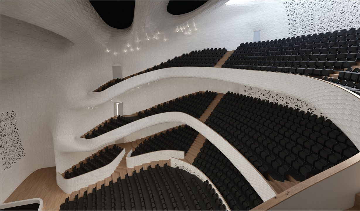 Top-down view of the undulating auditorium balconies with black seats arranged in curved rows and timber aisles