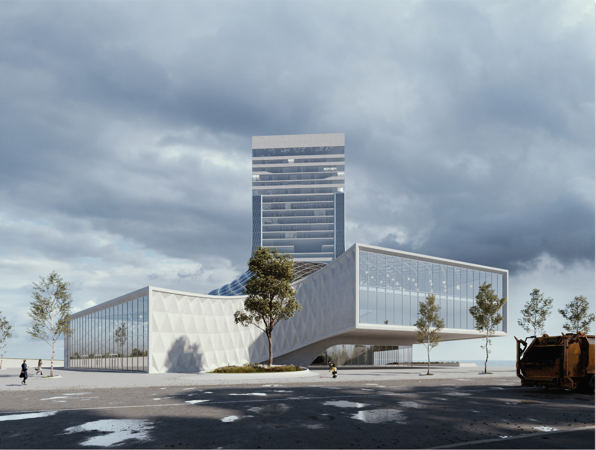 Plaza view of the glass and white concrete volumes with newly planted trees under a stormy sky