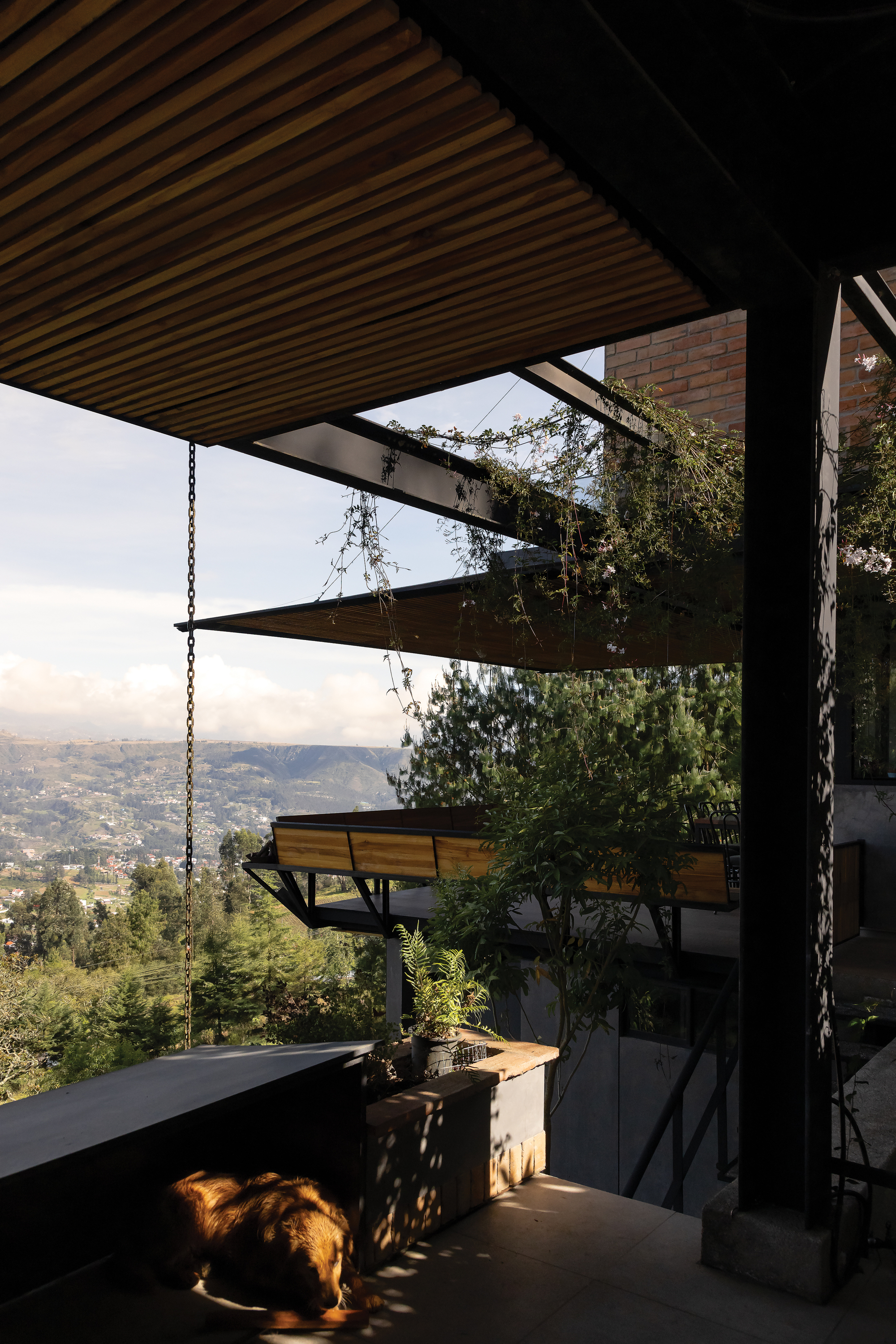 Covered terrace with timber slat ceiling and chain-suspended bench overlooking the valley