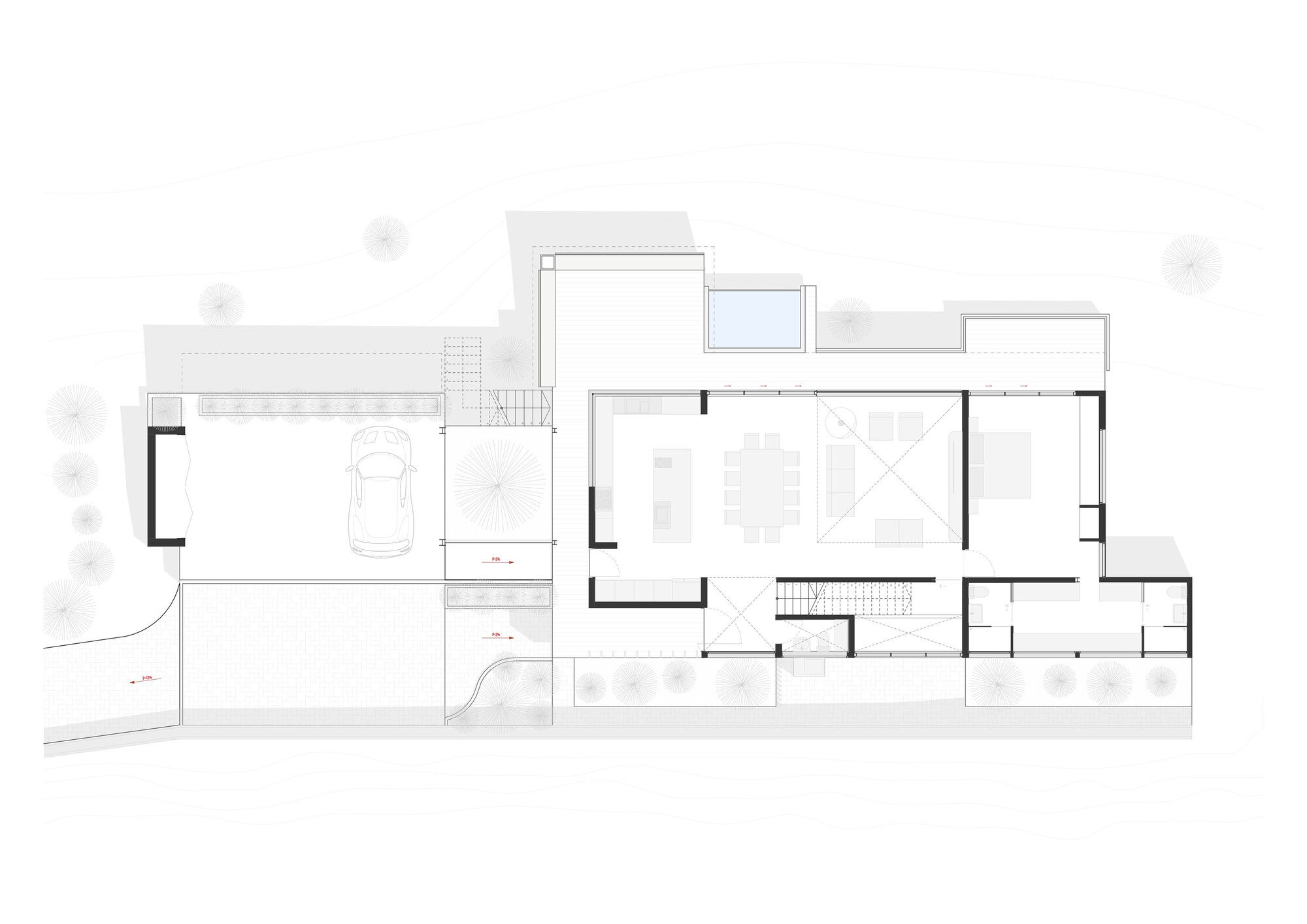 Ground floor plan showing a carport, entry sequence, and open living spaces with a spiral stair
