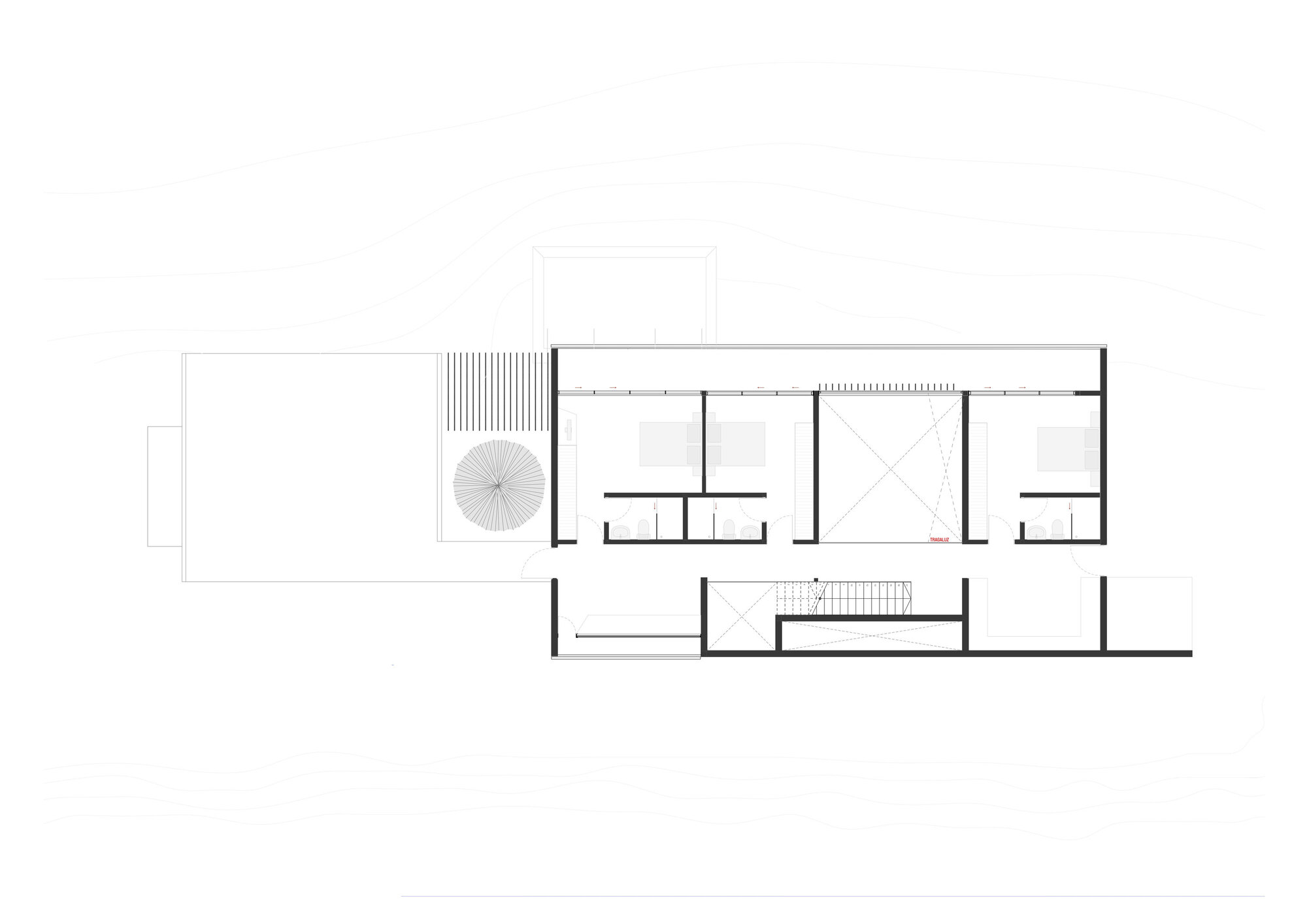 Upper floor plan with bedrooms, a double-height void, and an outdoor terrace with a circular feature