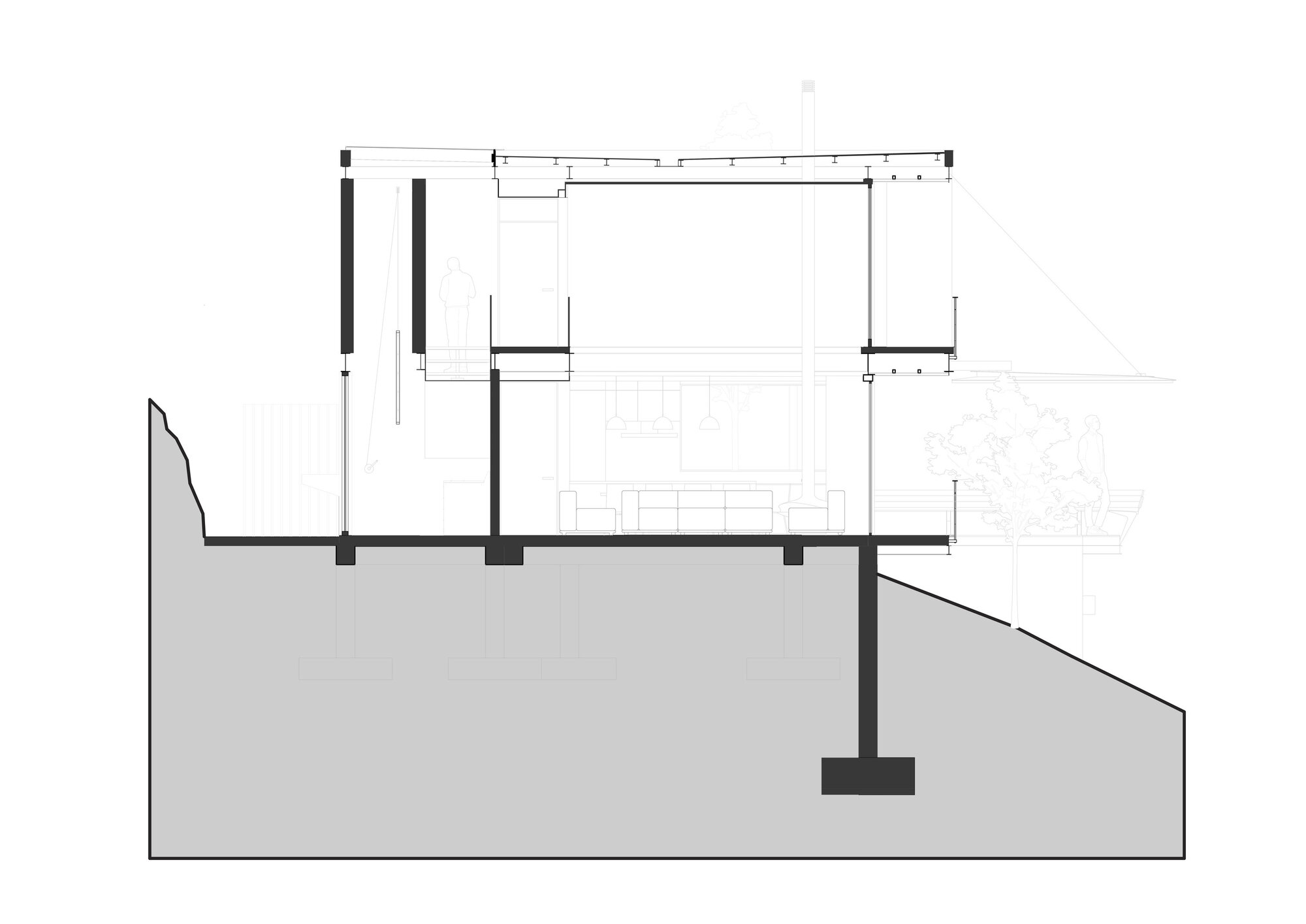 Section drawing through the two-storey residence on a sloping site with basement foundation