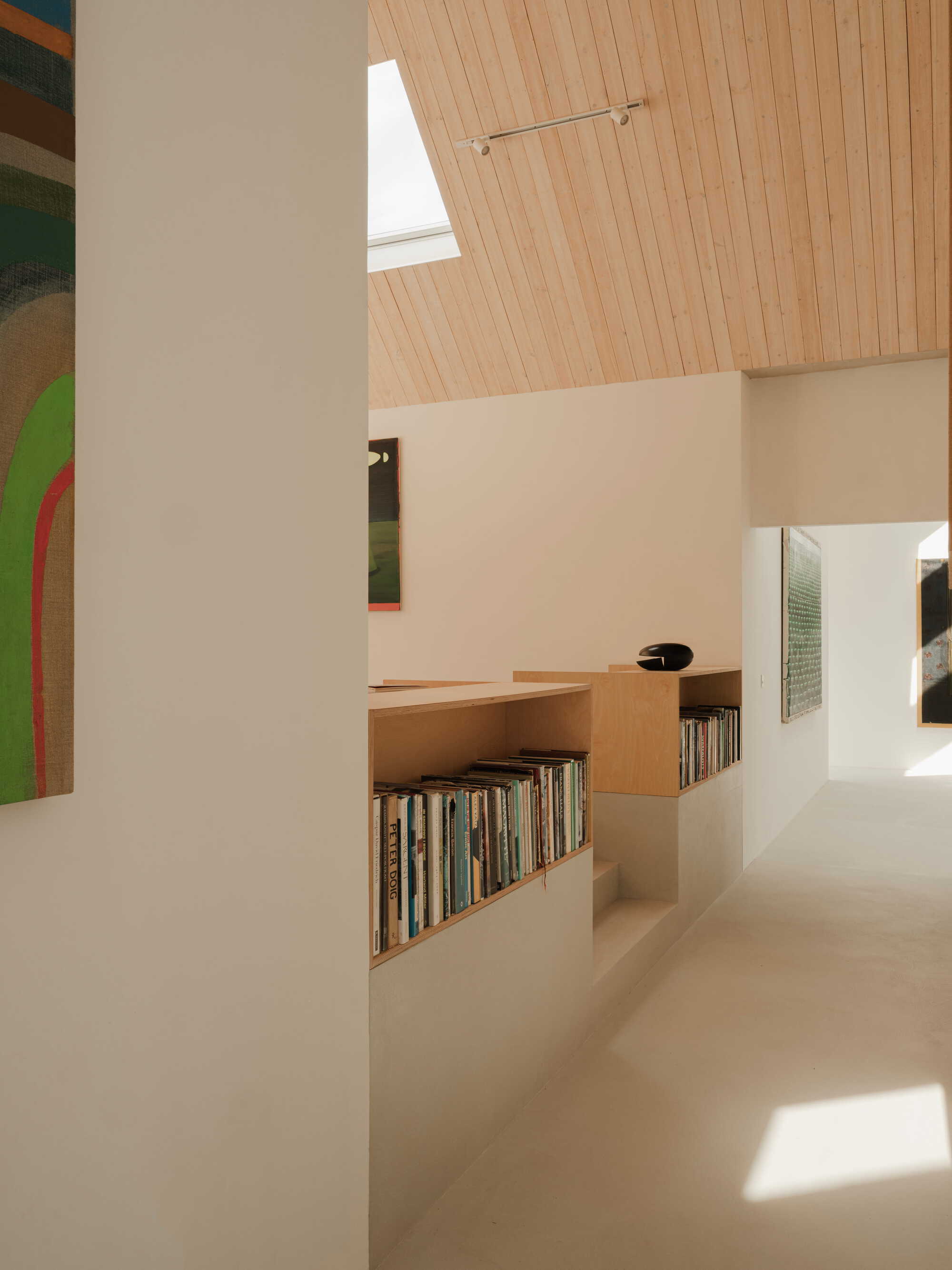 Interior hallway with plywood built-in shelving and sloped timber ceiling illuminated by skylight